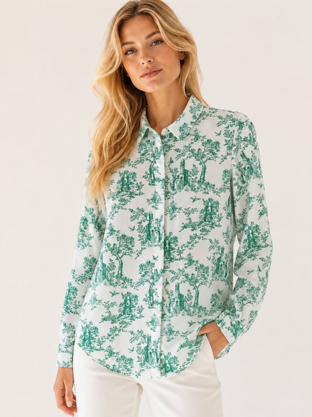 H&M White Green Toile Print Button Front Long Sleeve Collared Blouse Shirt 2
